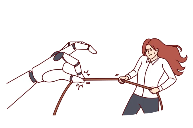 Woman And Giant Robot Arm For Concept Of Fight Between Human And Artificial Intelligence For Jobs Angry Girl Competing With Robot Who Wants To Take Away Work Due To Appearance Of Neural Networks Illustration