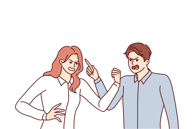 Fight between man and woman angrily screaming and pointing fingers towards interlocutor  Illustration