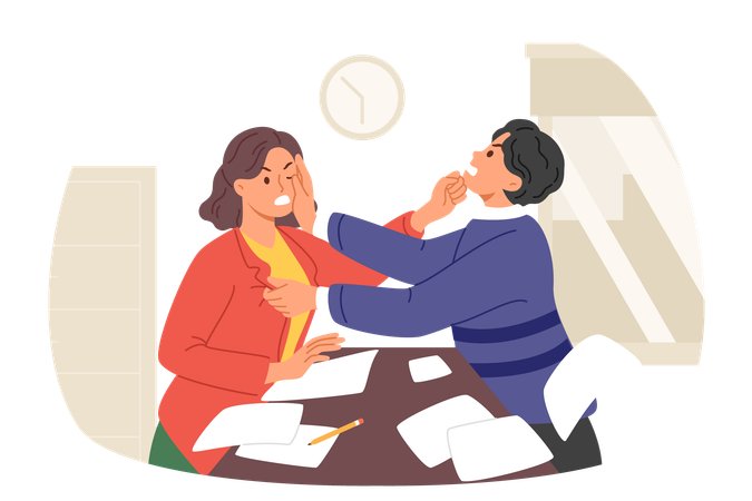 Fight between two colleagues in workplace due to unfair pay or dispute over vacant position  Illustration