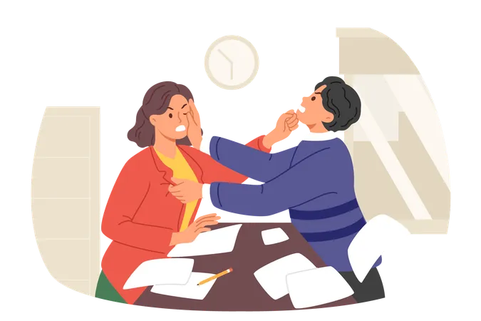Fight Two Colleagues In Workplace Due To Unfair Pay Or Dispute Over Vacant Position Man And Woman Office Employees Fight While Doing Paperwork And Figuring Out Who Is Boss In Team Illustration