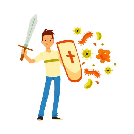Young Man Character Holding Shield And Sword And Reflecting Attacks Of Viruses And Infections Illustration