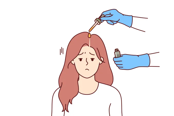 Fighting Lice On Head Of Girl Sadly Attending Procedure Of Applying Medicinal Ointment For Pediculosis To Hair Woman Suffering From Pediculosis Causing Itching And Hair Loss Near Hands Of Doctor Illustration