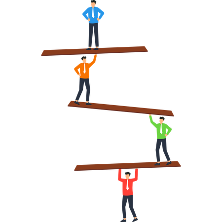 Figuras coloridas equilibrándose sobre tablones de madera. Apoyo al trabajo en equipo.  Ilustración