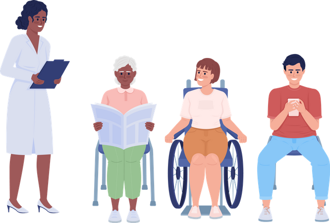 Fila de médicos e pacientes  Ilustração