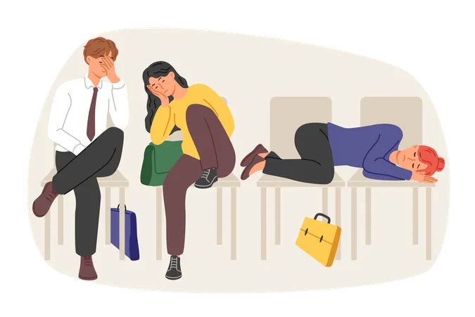 Fila de personas en la bolsa de trabajo durmiendo en sillas y esperando un nuevo puesto vacante en la empresa  Ilustración
