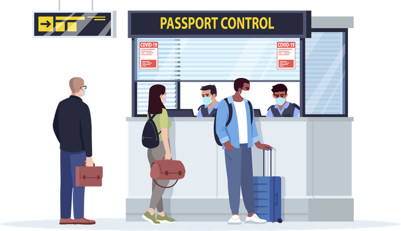 File d'attente au bureau de contrôle des passeports  Illustration