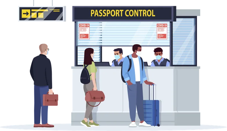 File d'attente au bureau de contrôle des passeports  Illustration