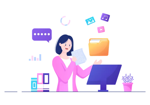 File Management System And Information Vector Illustration With People Holding Folder Archive Or Online Service For Documents Storage And Organization Illustration