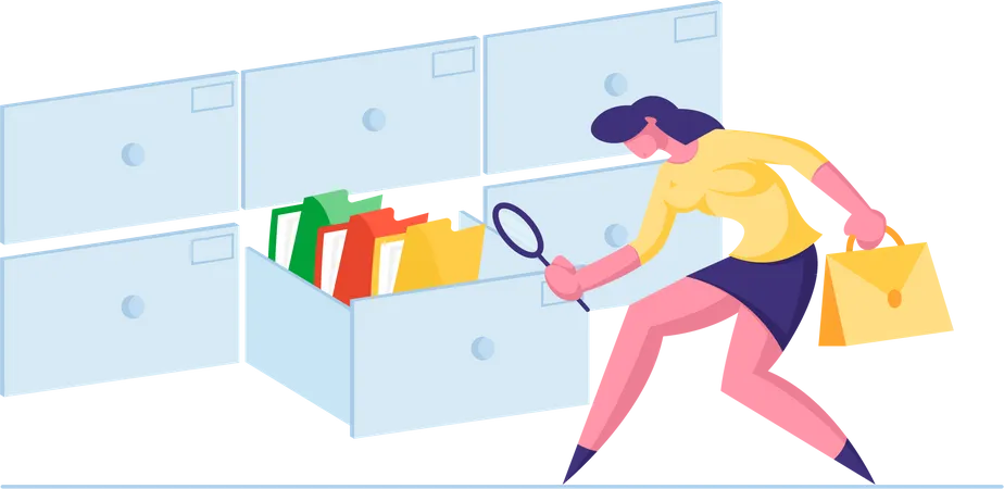 Office Employee Character Searching File In Cabinet Drawer With Magnifying Glass Business Data Administration Concept Businesswoman Look For Documents In Archive Storage Cartoon Vector Illustration 일러스트레이션