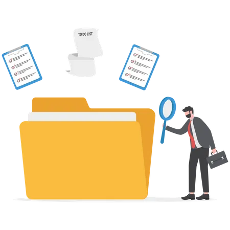 File Management Or Documents Archive Computer Data Backup Or Virus Scan Online Cloud Storage Or Search For Files Concept Businessman With Magnifying Glass Search For File In Folder 일러스트레이션