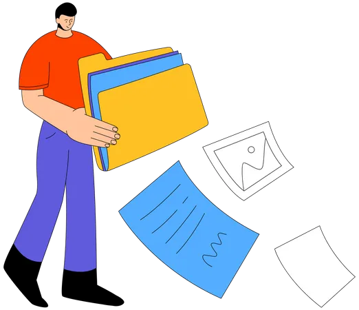 My Files Modern Colorful Flat Design Style Web Banner With Line Elements Copy Space For Text Planning And Management Document Workflow An Illustration With A Boy Holding Office Folders Papers イラスト