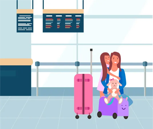 Filha abraça a mãe no aeroporto  Ilustração