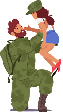 Filha conhece seu pai soldado, que voltou para casa. A tão esperada reunião familiar, emoções, sacrifício e patriotismo  Ilustração