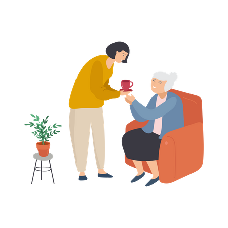 Filha dando chá para a avó  Ilustração