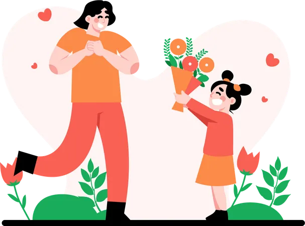 Filha dando flores para a mãe  Ilustração