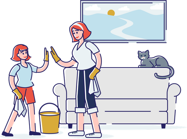 Filha e mãe limpando casa juntas  Ilustração