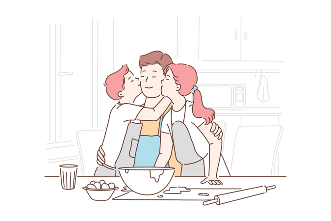 Filho e filha beijam e abraçam o pai  Ilustração