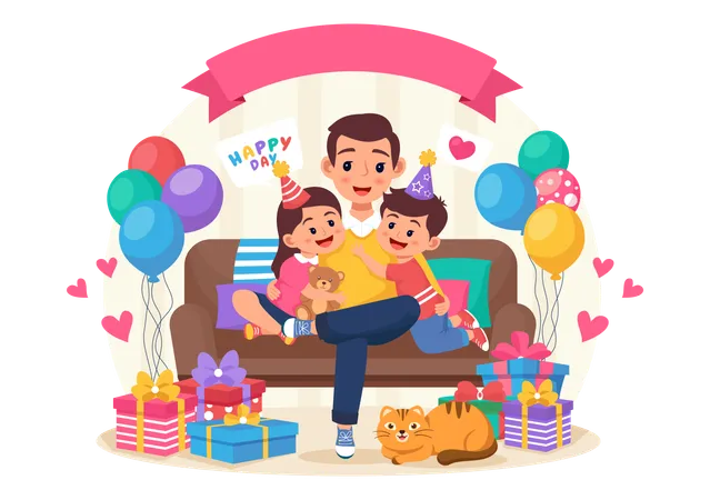 Filho e filha brincando junto com o pai  Ilustração