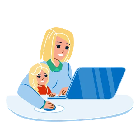 Criança e mãe estão usando laptop juntos  Ilustração