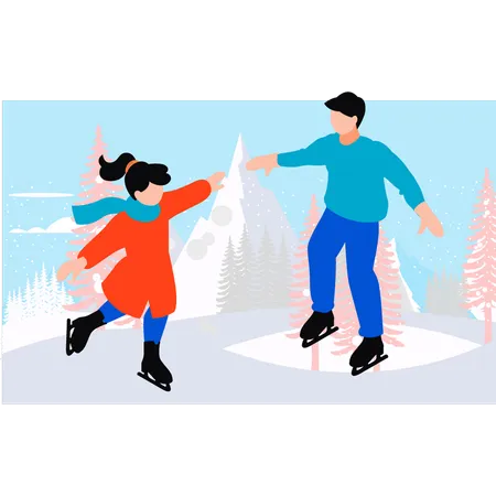 Criança e pai estão patinando no gelo  Ilustração