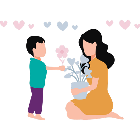 Filho está dando flores para sua mãe  Ilustração