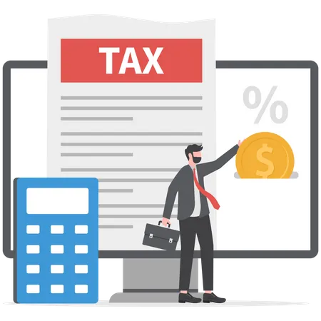 Filing Tax Concept Man Put Coin To Pay Tax On Laptop Computer Illustration