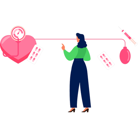 Fille a élevé le coeur avec des comprimés et un manomètre  Illustration