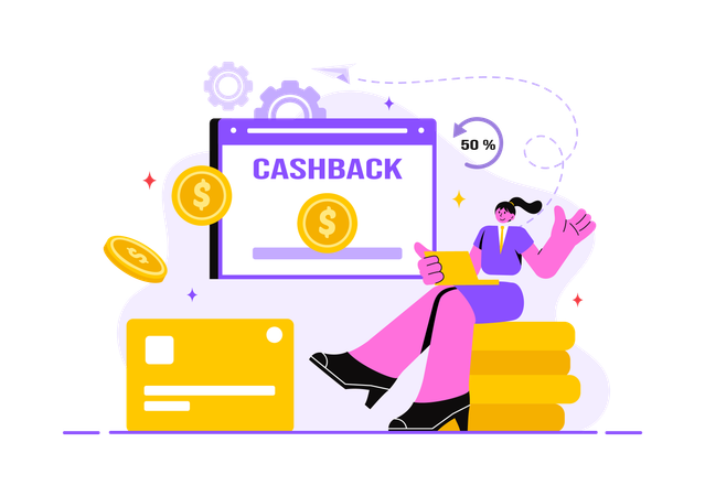 Fille cherchant une offre de cashback en ligne  Illustration