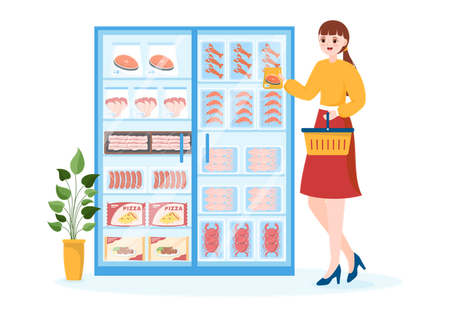 Fille achetant des aliments surgelés  Illustration