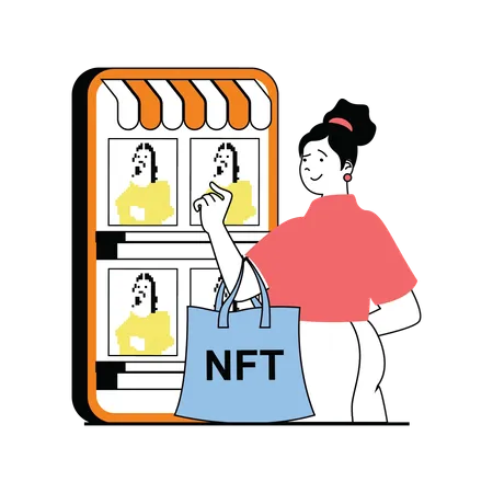 Fille achetant un profil NFT en ligne  Illustration