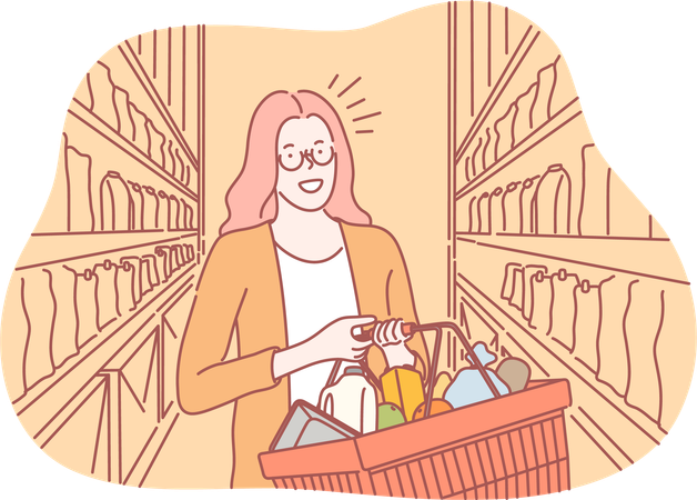 La fille achète au supermarché  Illustration