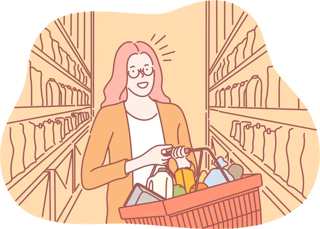 La fille achète au supermarché  Illustration