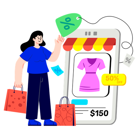 Fille achète une robe en ligne  Illustration