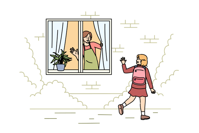 Fille faisant signe de la main à sa mère en allant à l'école  Illustration