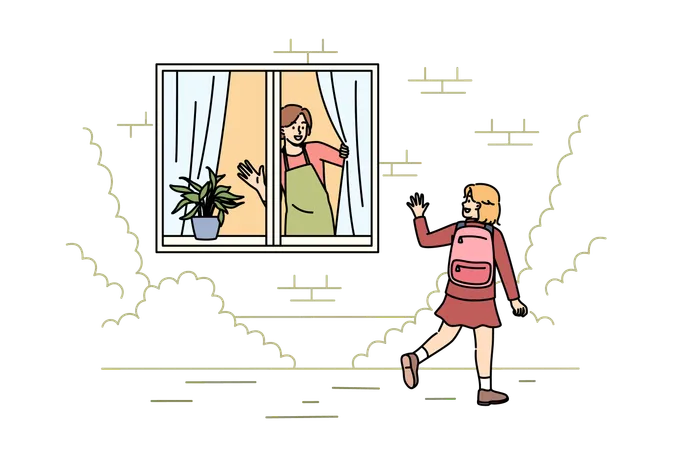 Fille faisant signe de la main à sa mère en allant à l'école  Illustration