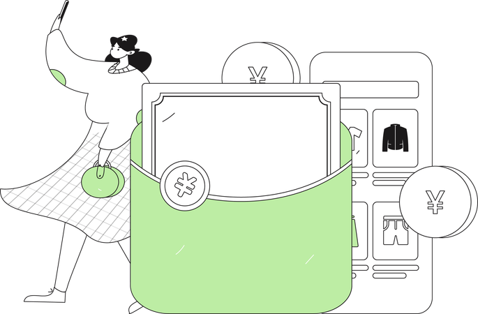 Fille agitant la main en faisant des achats en ligne  Illustration