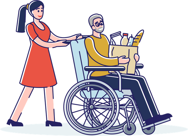 Fille aidant un vieil homme handicapé en fauteuil roulant avec des produits d'épicerie  Illustration
