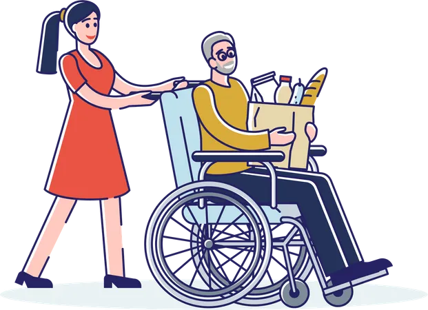 Fille aidant un vieil homme handicapé en fauteuil roulant avec des produits d'épicerie  Illustration