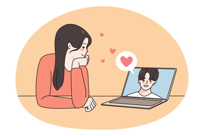 Une fille amoureuse discute en appel vidéo avec son petit ami  Illustration
