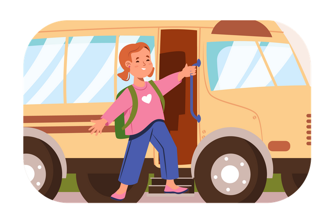 Une fille va à l'école en bus scolaire  Illustration