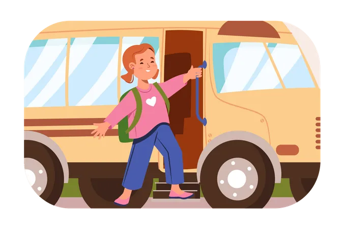 Une fille va à l'école en bus scolaire  Illustration