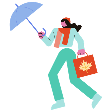 Fille allant faire du shopping tout en tenant un parapluie  Illustration