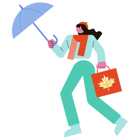 Fille allant faire du shopping tout en tenant un parapluie  Illustration