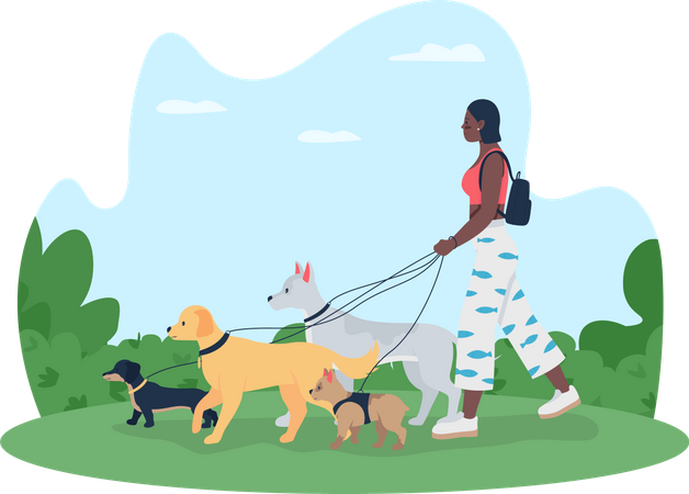 Fille qui va marcher avec des chiens  Illustration