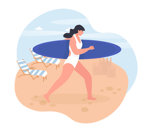 Fille va surfer à la plage  Illustration