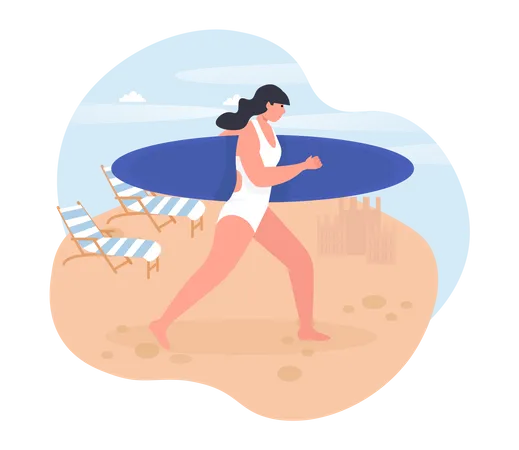 Fille va surfer à la plage  Illustration