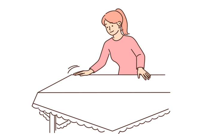 Fille fixant un drap sur la table  Illustration