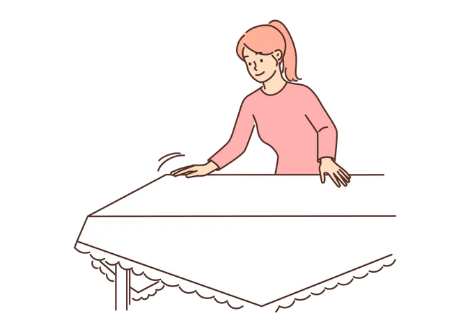 Fille fixant un drap sur la table  Illustration