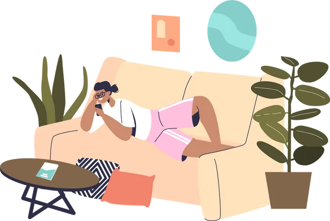 Fille allongée sur un canapé à la maison à l'aide d'un smartphone, détendez-vous  Illustration