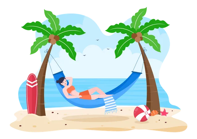 Fille allongée sur un hamac et profitant de la plage  Illustration